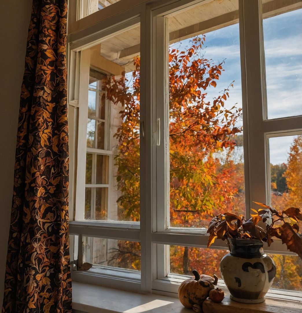 window of a home with a fall backdrop in view